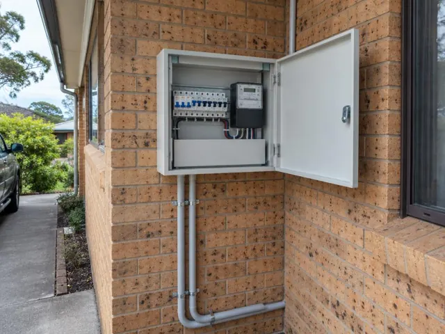 Open external switchboard cabinet on a brick house wall with conduit below in Kincumber